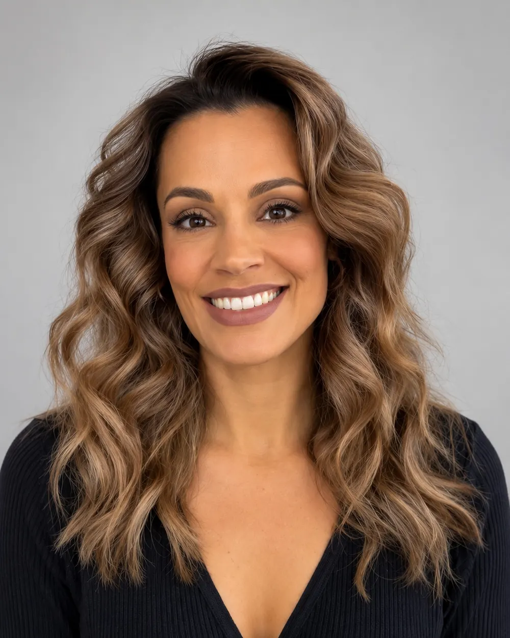 Mulher sorrindo com cabelo ondulado castanho e mechas carameladas, usando blusa preta sobre fundo cinza