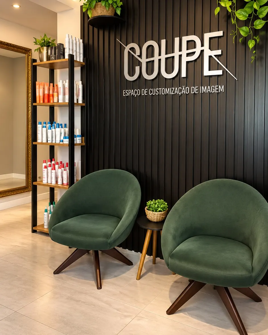 Recepção do espaço COUPE com painel ripado preto e letreiro prateado, duas poltronas verdes, estante de produtos e iluminação quente