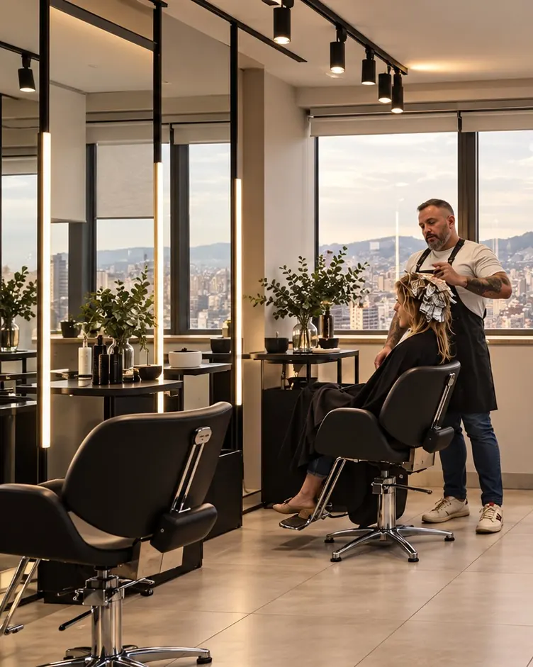 Jader Bidart atendendo uma cliente à frente do espelho, com vista panorâmica da cidade ao fundo